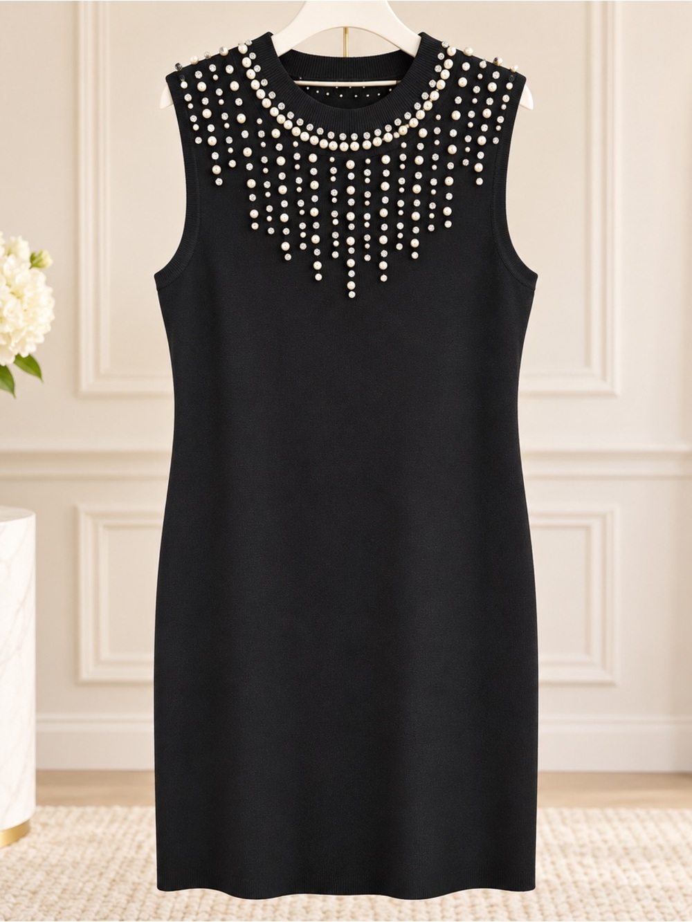 London Times Black Sleeveless Pearl-Accent Sheath Dress - Picture 5 of 6